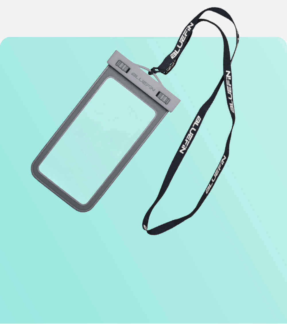 Waterproof phone pouch with gray frame and adjustable lanyard, suitable for outdoor activities