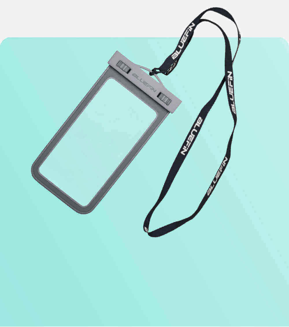 Waterproof phone pouch with gray frame and adjustable lanyard, suitable for outdoor activities