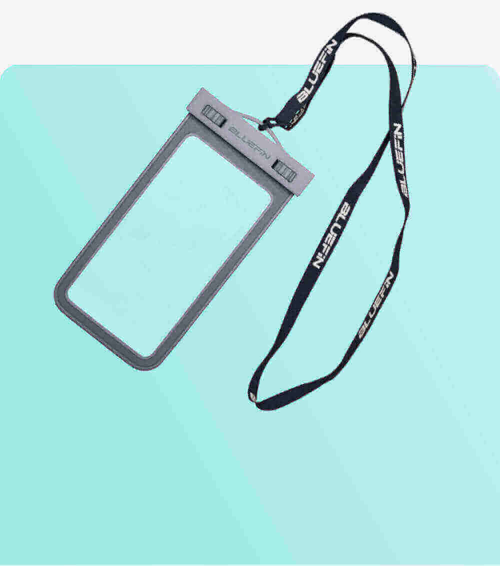Waterproof phone pouch with gray frame and adjustable lanyard, suitable for outdoor activities