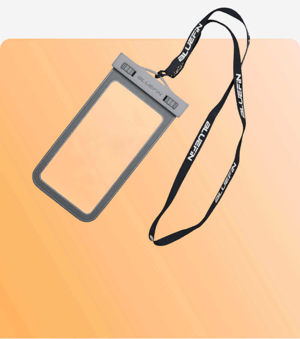 Clear waterproof phone case with black lanyard on a peach background