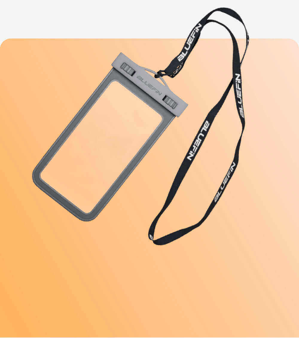 Clear waterproof phone case with black lanyard on a peach background