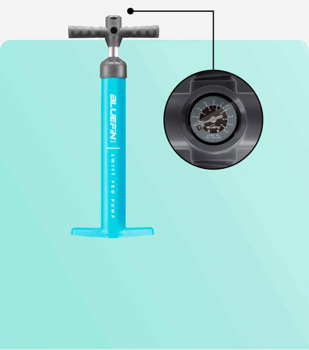 Bluefin Swift Pro Pump in turquoise with a pressure gauge on the side for inflation.