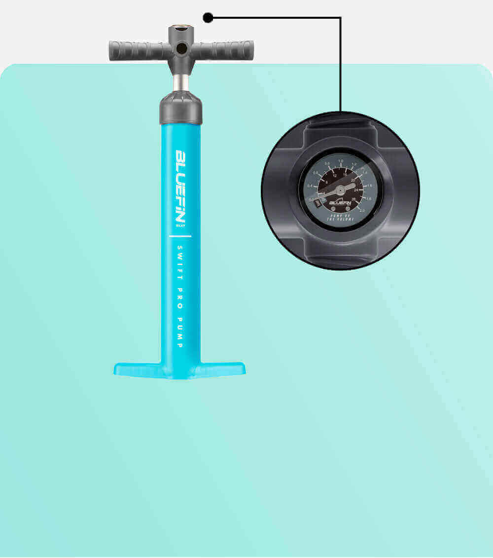 Bluefin Swift Pro Pump in turquoise with a pressure gauge on the side for inflation.