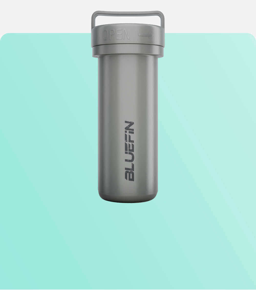 Gray waterproof container with an open lid and a handle, featuring the Bluefin logo.