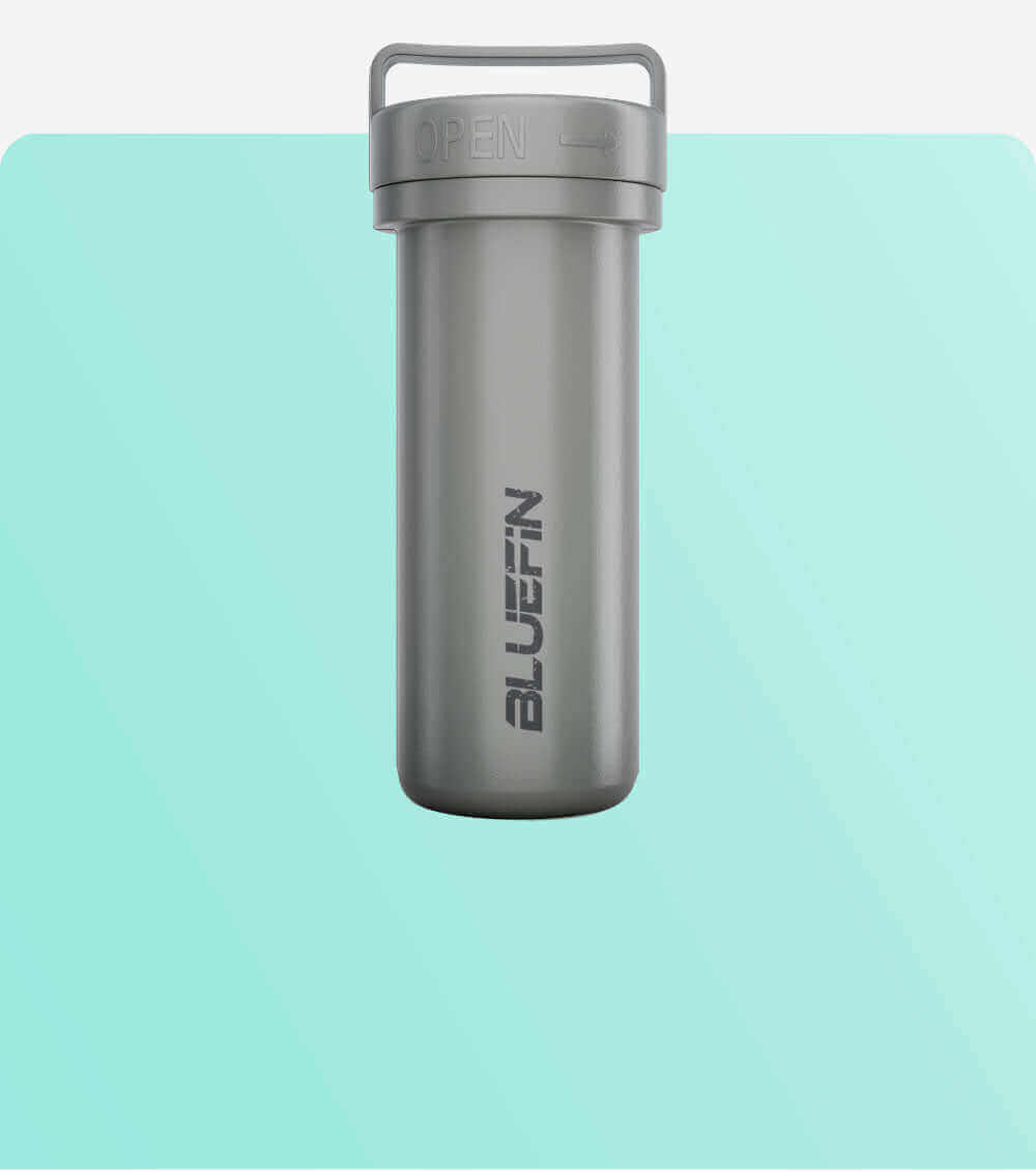 Gray waterproof container with an open lid and a handle, featuring the Bluefin logo.