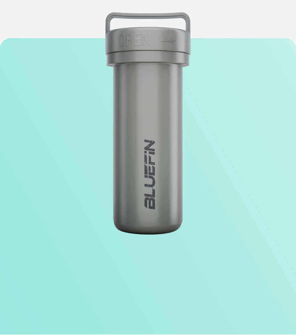 Gray waterproof container with an open lid and a handle, featuring the Bluefin logo.