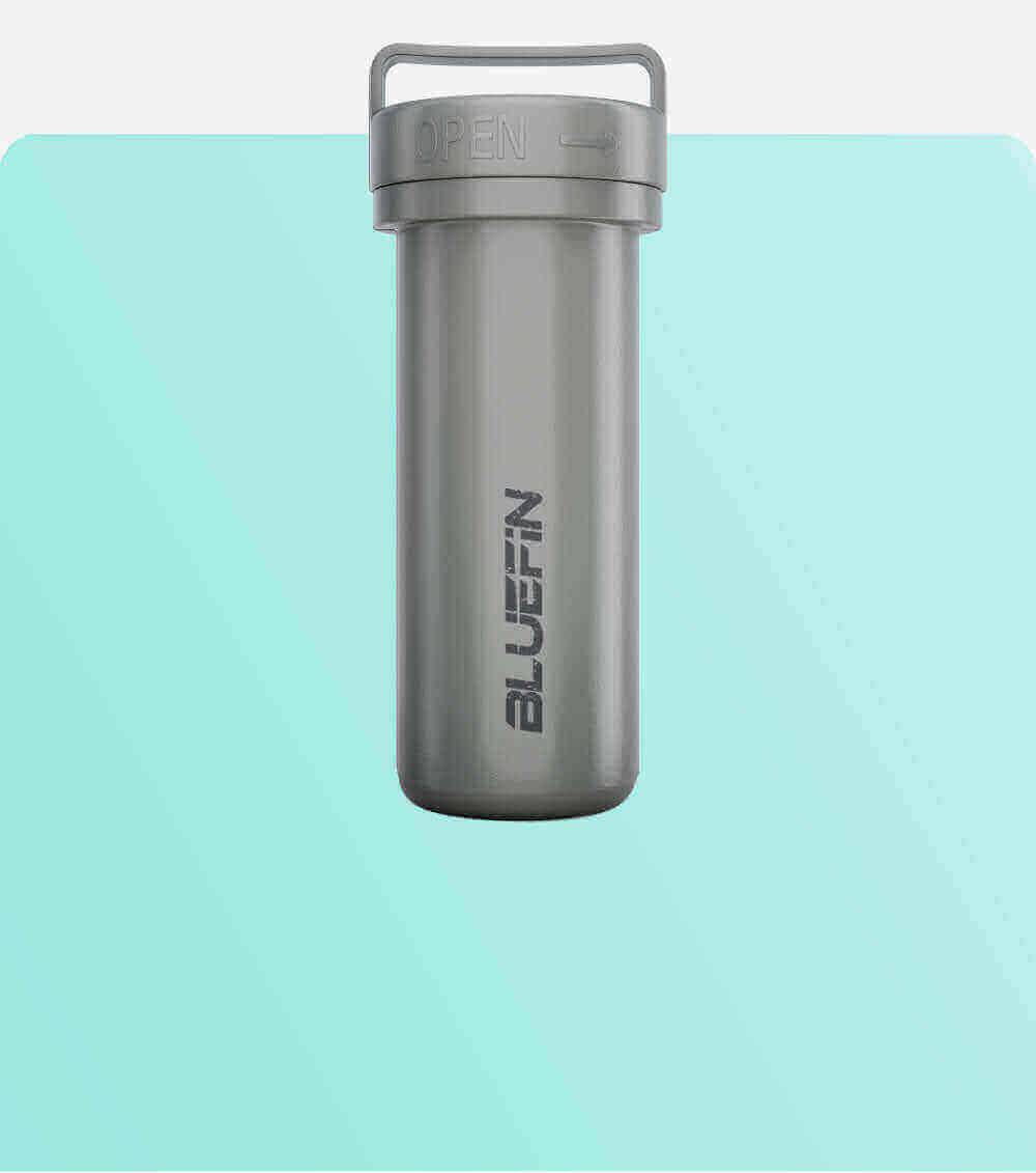 Gray waterproof container with an open lid and a handle, featuring the Bluefin logo.