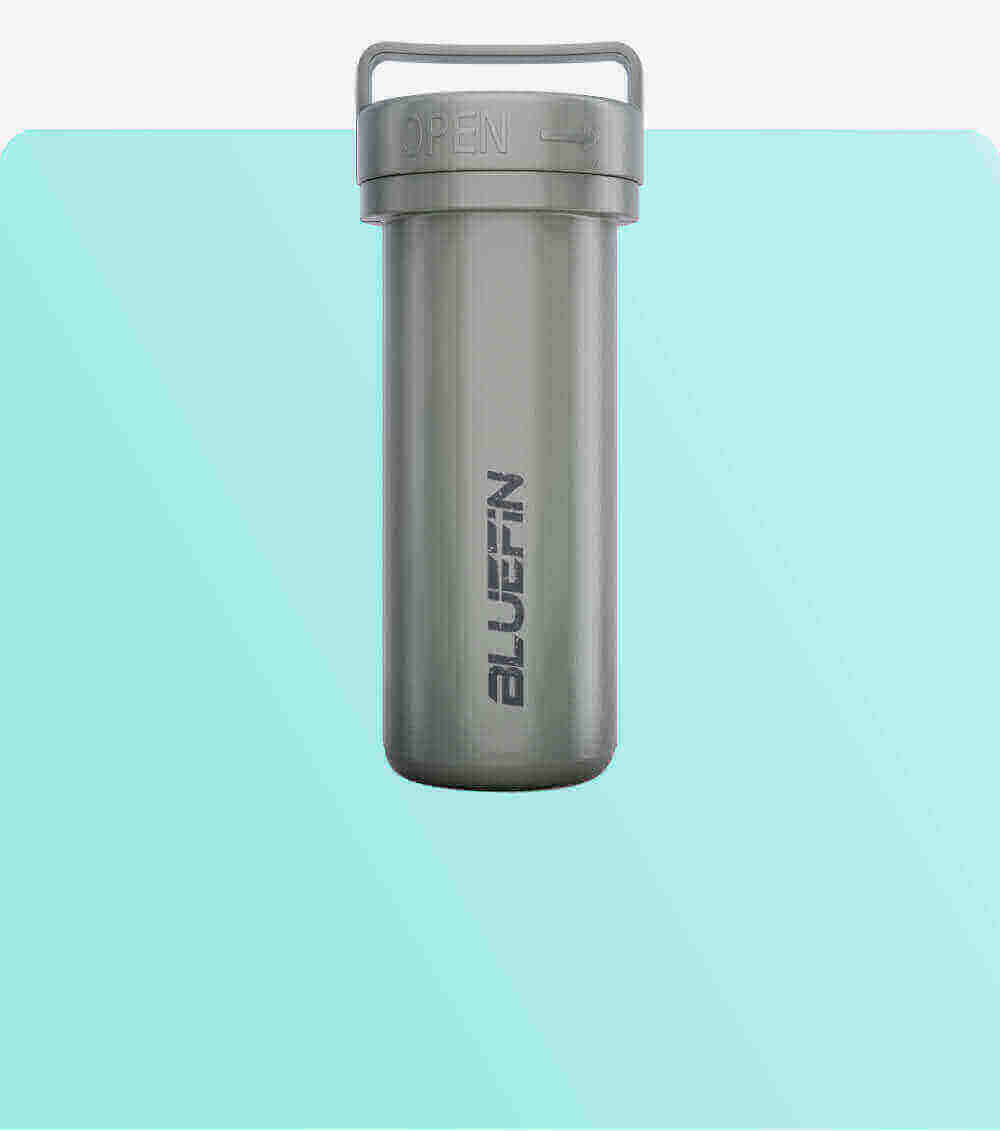 Gray waterproof container with an open lid and a handle, featuring the Bluefin logo.