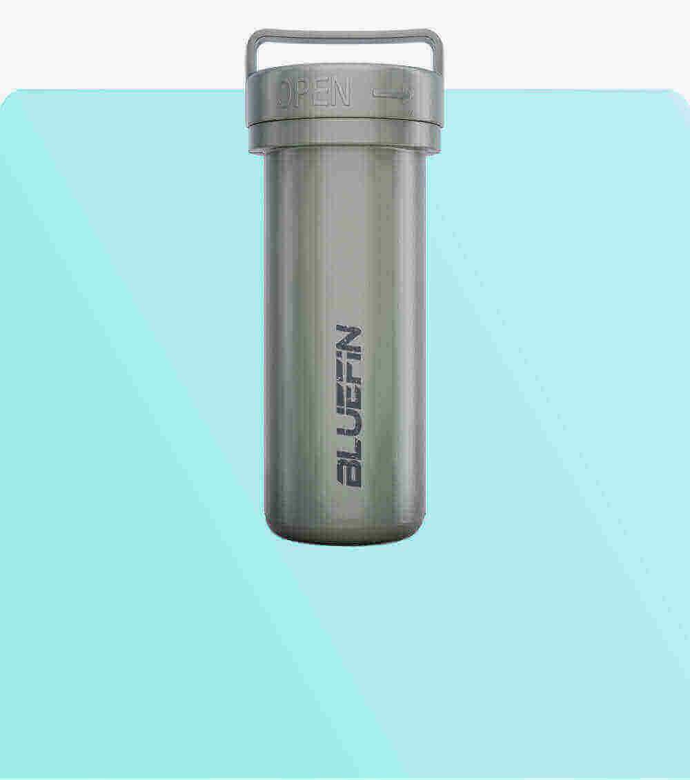 Gray waterproof container with an open lid and a handle, featuring the Bluefin logo.