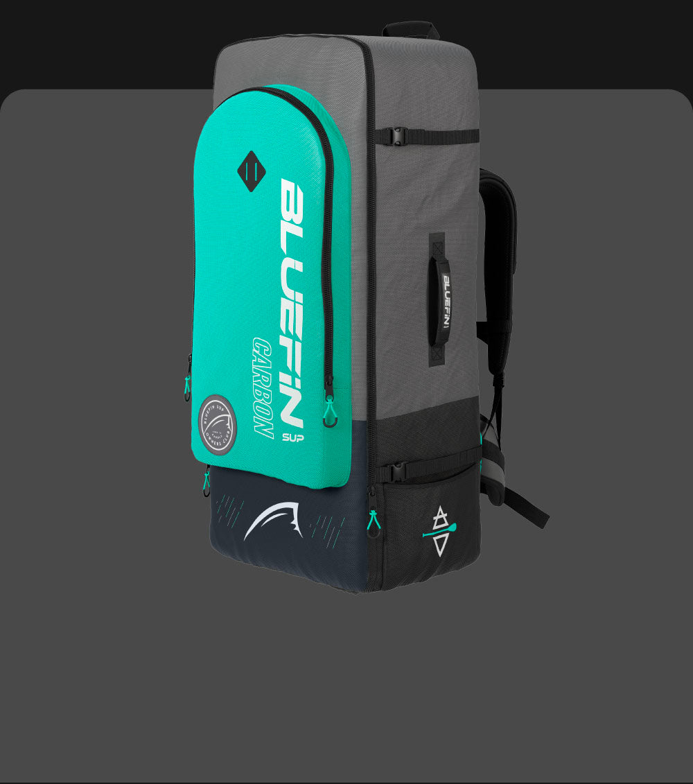 Bluefin SUP carbon paddleboard backpack in gray and teal with multiple compartments and adjustable straps.