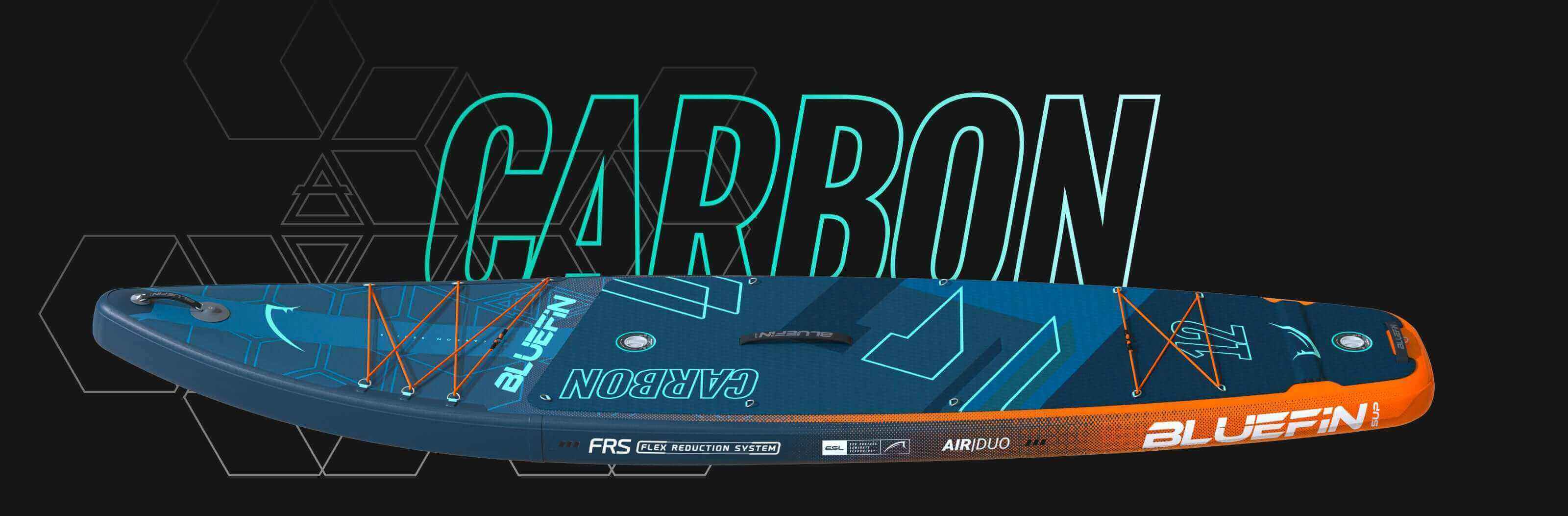 A photo showing the Bluefin Carbon inflatable paddle board, the perfect premium sup