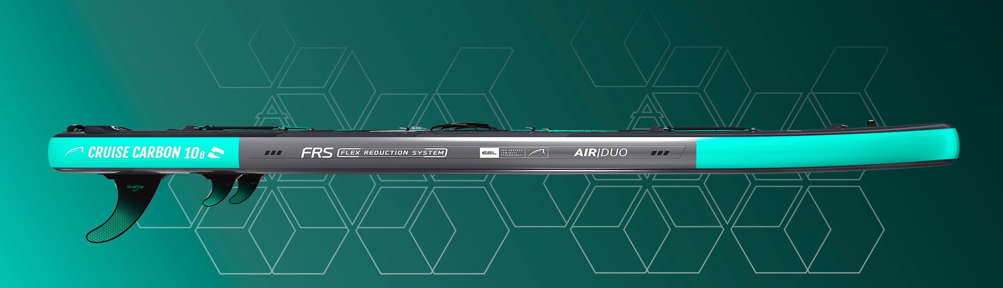 Cruise Carbon 10'8 paddleboard showcasing FRS technology and sleek design against a teal background.