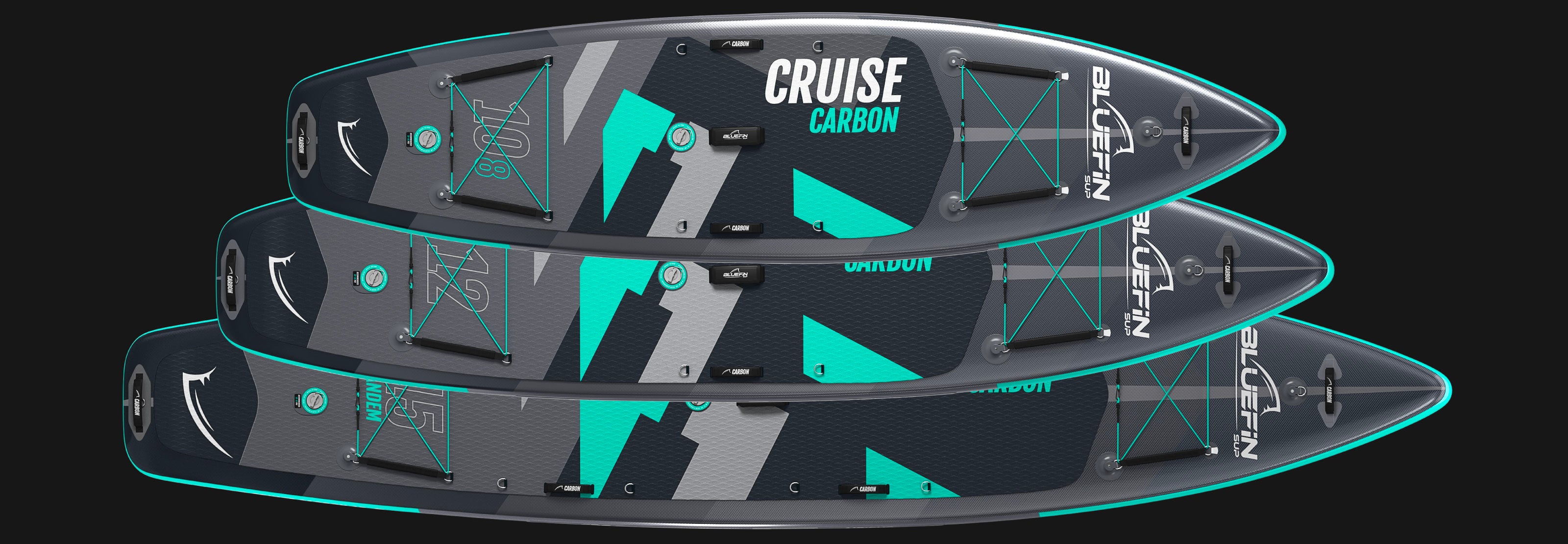 Three stacked Bluefin SUPs featuring the Cruise Carbon design, showcasing sleek lines and vibrant colors.