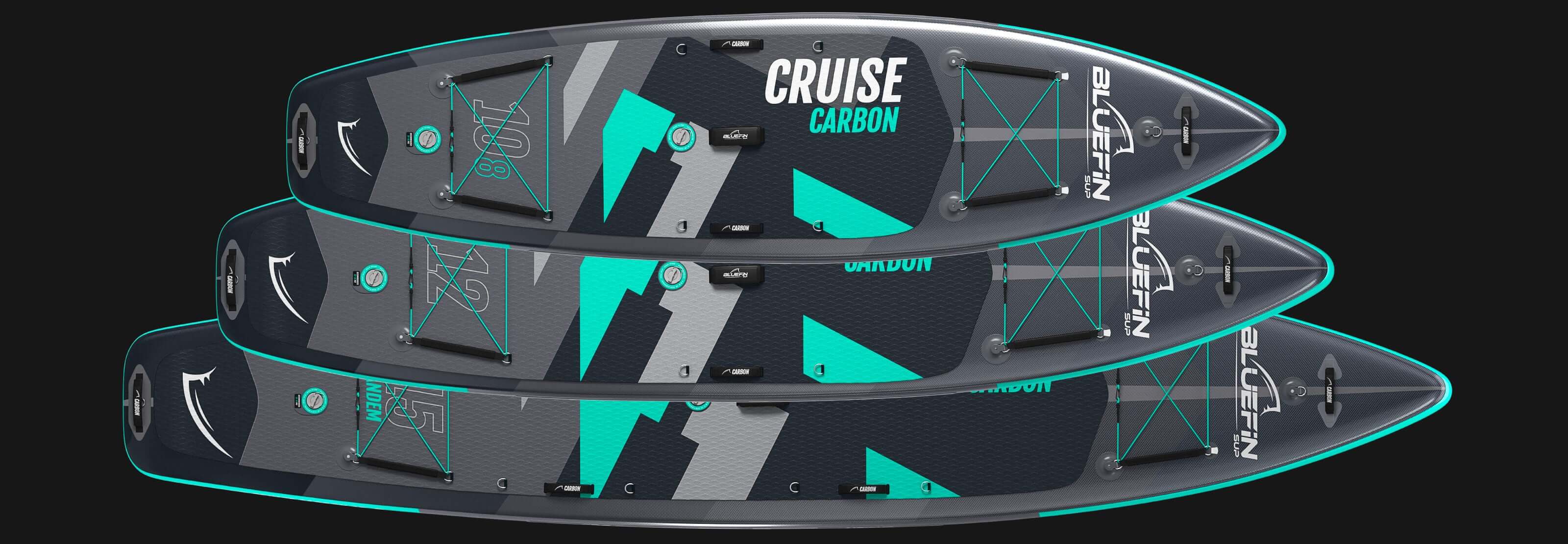 Three stacked Bluefin SUPs featuring the Cruise Carbon design, showcasing sleek lines and vibrant colors.