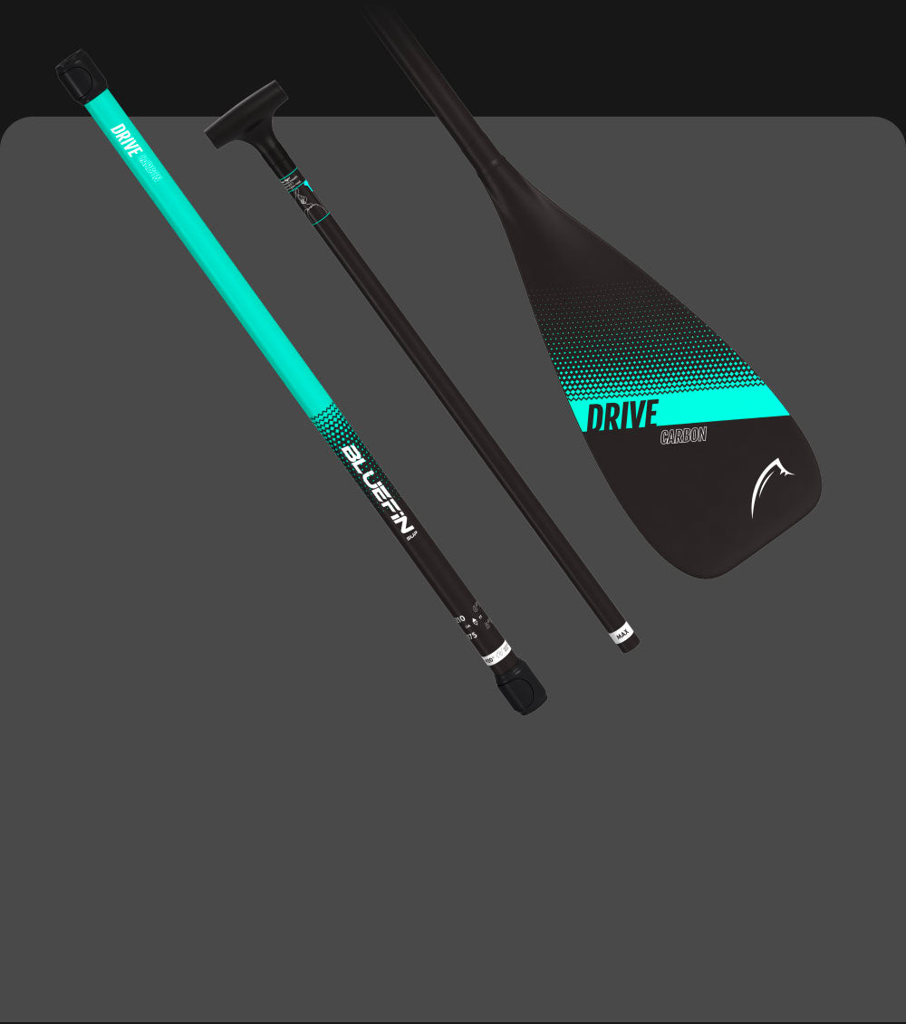 Bluefin SUP carbon paddle with turquoise accents and a sleek blade design. Ideal for paddleboarding.