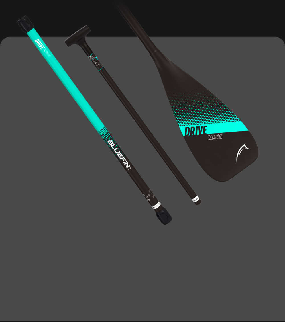 Bluefin SUP carbon paddle with turquoise accents and a sleek blade design. Ideal for paddleboarding.