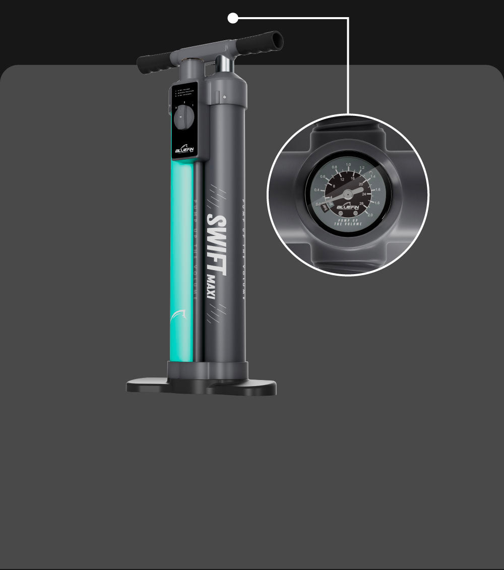 Inflatable paddleboard pump with gauge, labeled "SWIFT MAXI," designed for easy inflation.