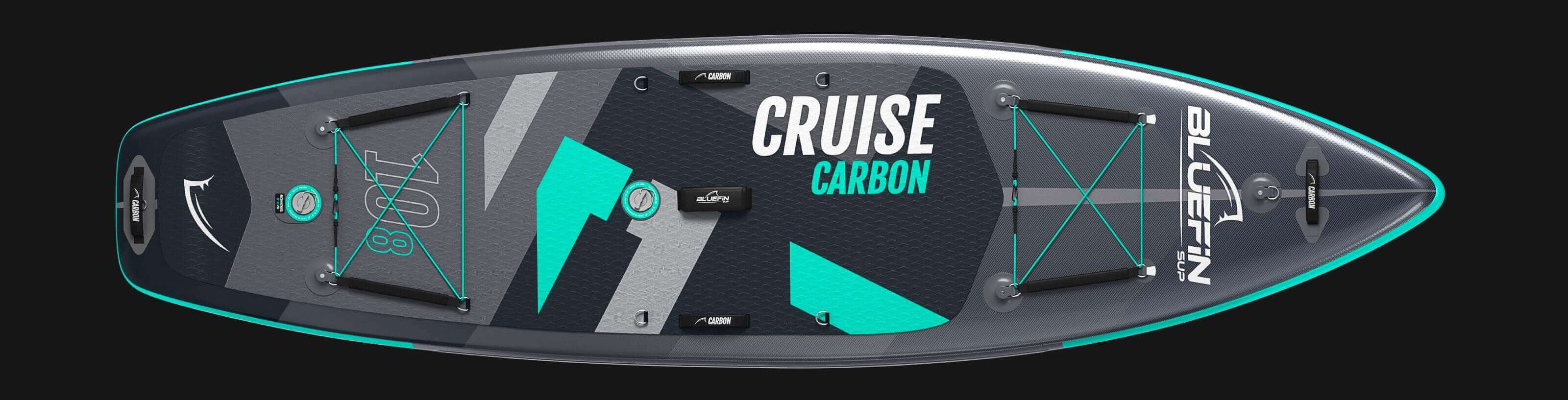Bluefin SUP Cruise Carbon paddleboard with sleek design and vibrant accents on a dark background.