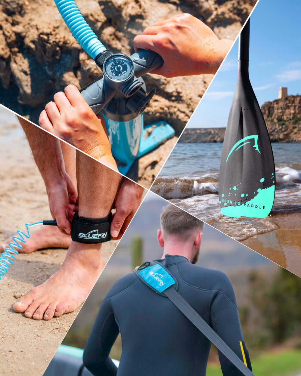 Collage of paddleboarding gear: inflation pump, paddle, ankle leash, and wetsuit details.