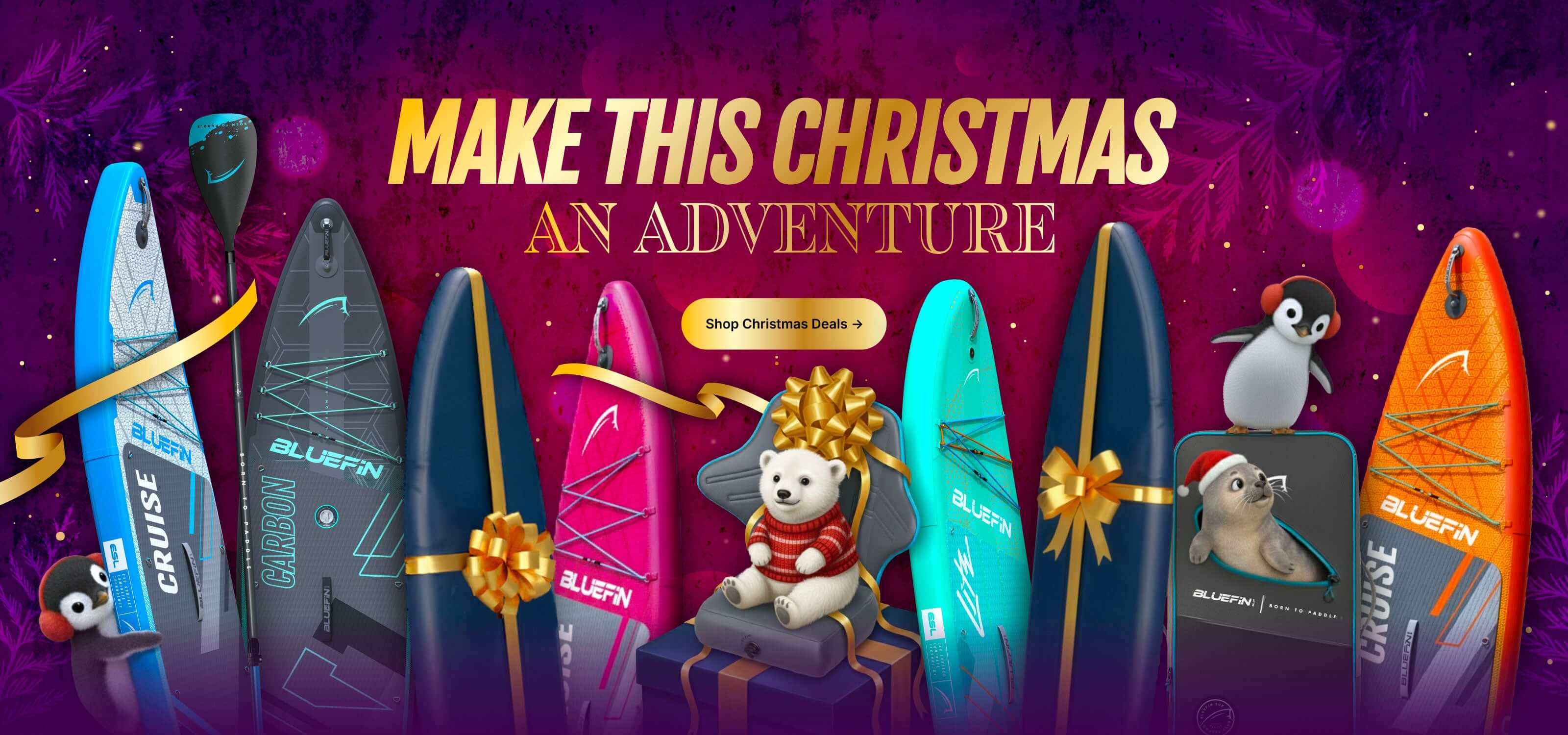 Colorful inflatable paddleboards with festive decorations and cute animal figures for Christmas promotion