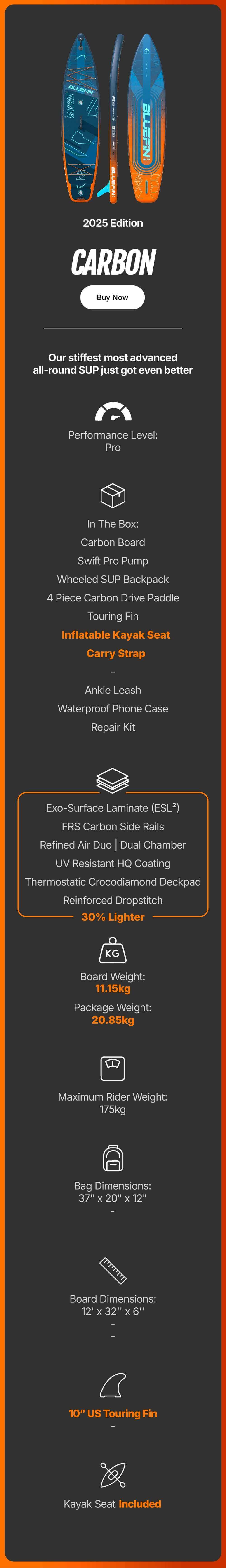 2025 Carbon SUP details, features, and included items like kayak seat and wheeled backpack.