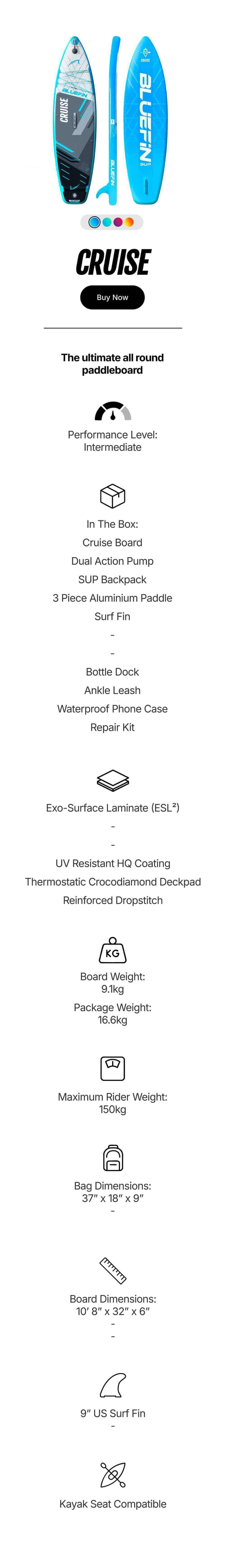 Bluefin SUP Cruise paddleboard features and specifications, including performance, weight, and included items.