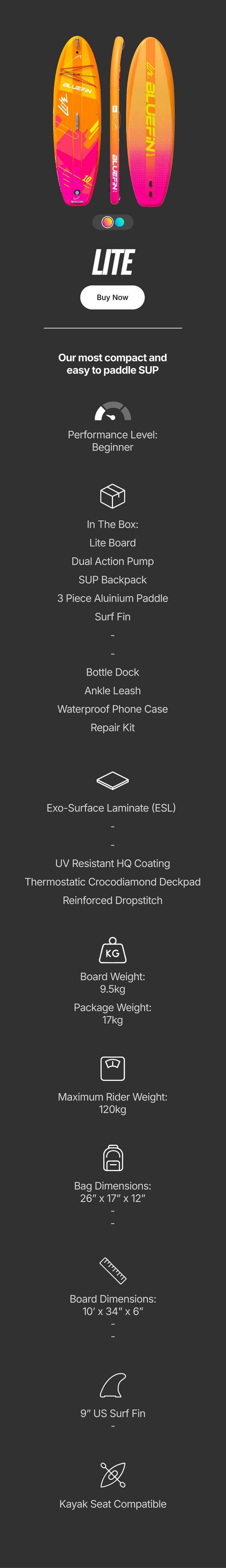 Bluefin SUP Lite model with specs and features for beginners, displayed on a dark background.