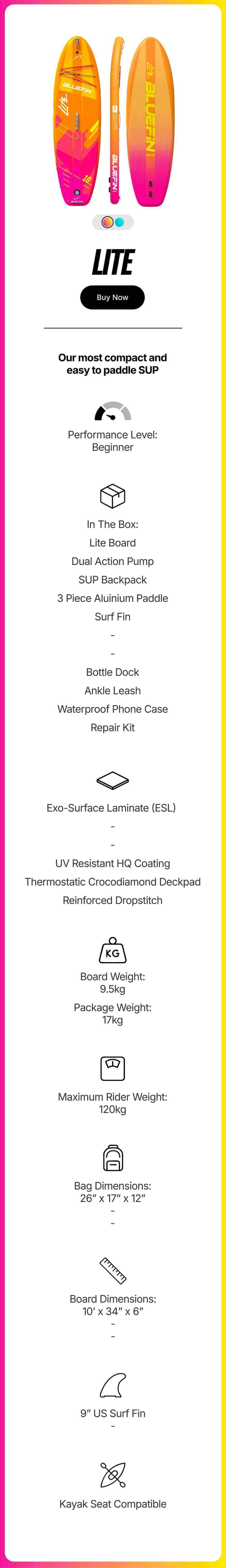Colorful Bluefin Lite paddleboard specifications, features, and included accessories. Perfect for beginners.