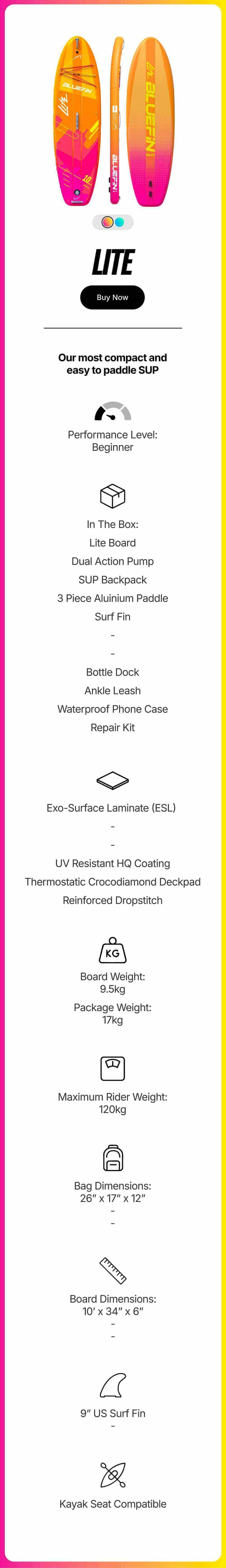 Colorful Bluefin Lite paddleboard specifications, features, and included accessories. Perfect for beginners.