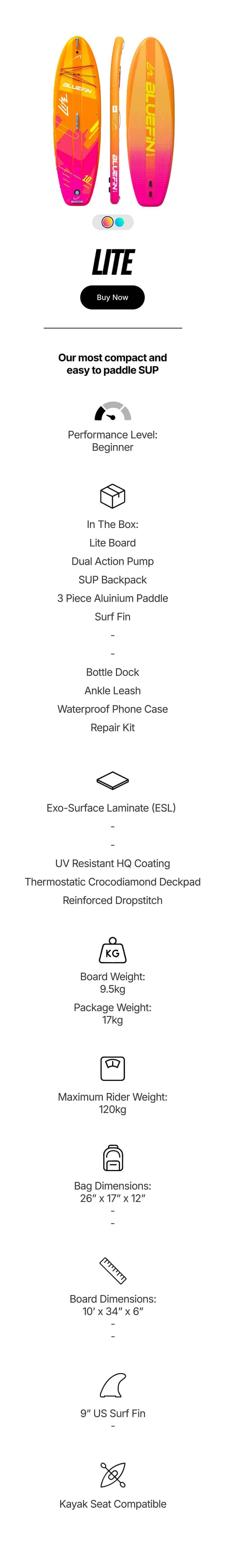 Bluefin SUP Lite paddleboard features vibrant colors, specs, and accessories for beginners. Includes info and dimensions.