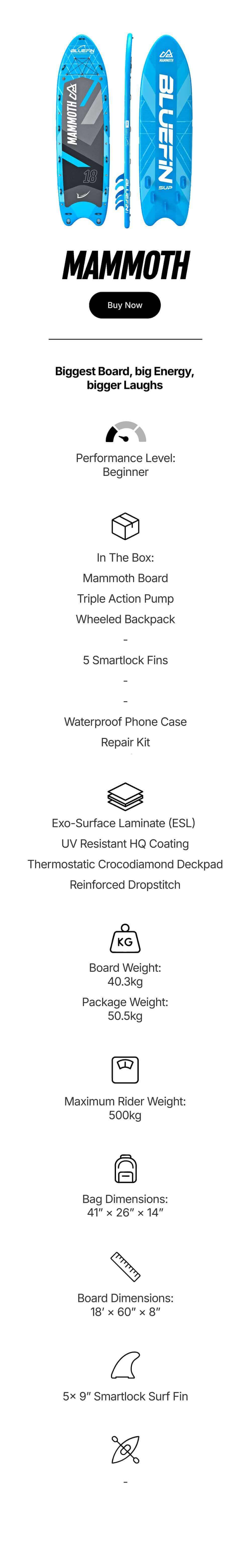 Mammoth paddle board specifications and features, including dimensions and included accessories.