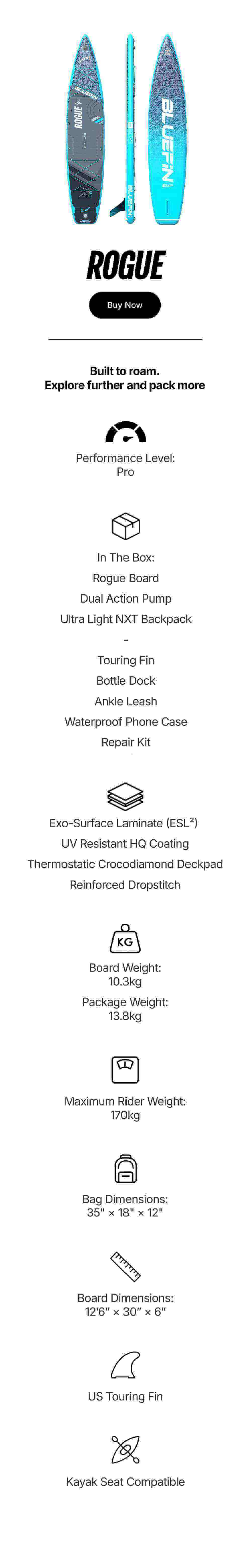 **Bluefin Rogue SUP features, including specs, dimensions, and included accessories.**