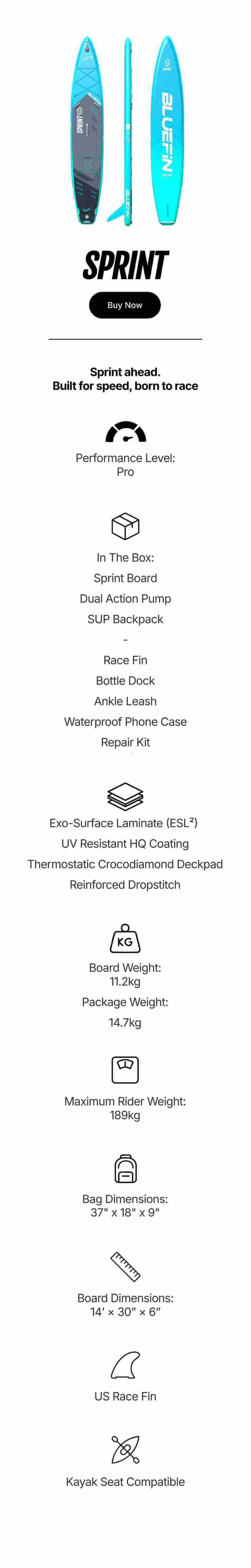 Bluefin SUP Sprint inflatable paddleboard specs and features, including weight, dimensions, and included accessories.
