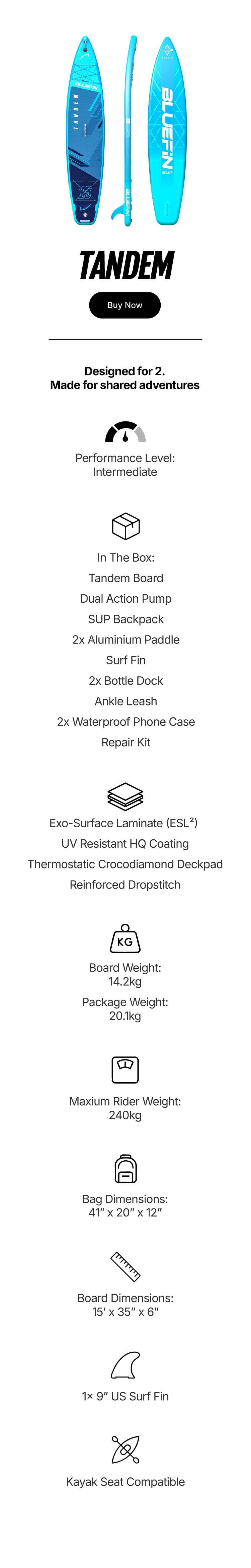Bluefin SUP tandem board features with specs, accessories included, and performance details. Ideal for two users.