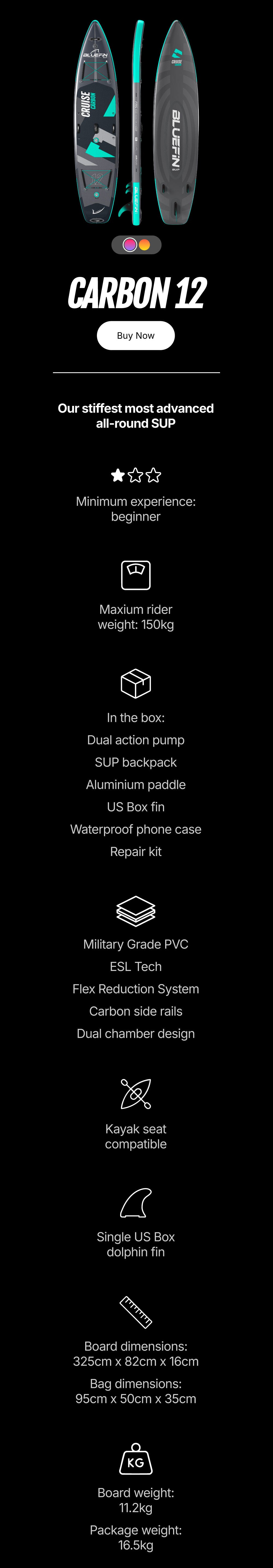 Bluefin Carbon 12 inflatable SUP with specs, features, and included accessories. Ideal for beginners up to 150kg.