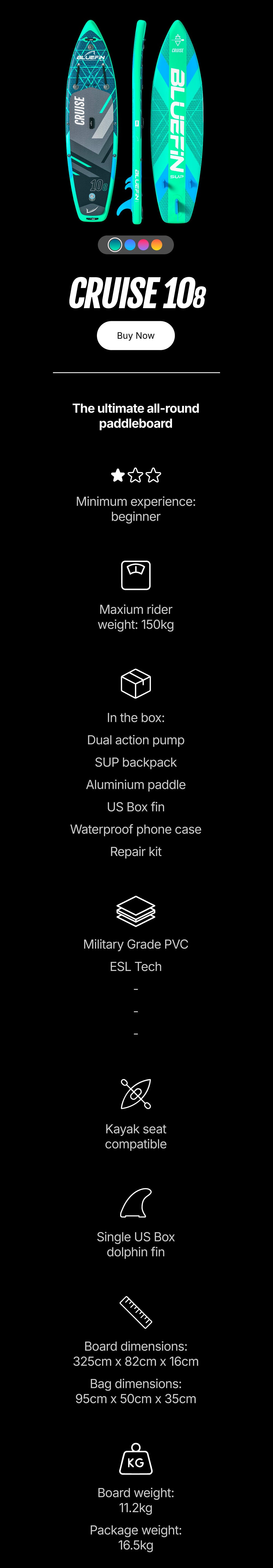 Bluefin SUP Cruise 10'8 paddleboard features, dimensions, and included accessories on a sleek black background.