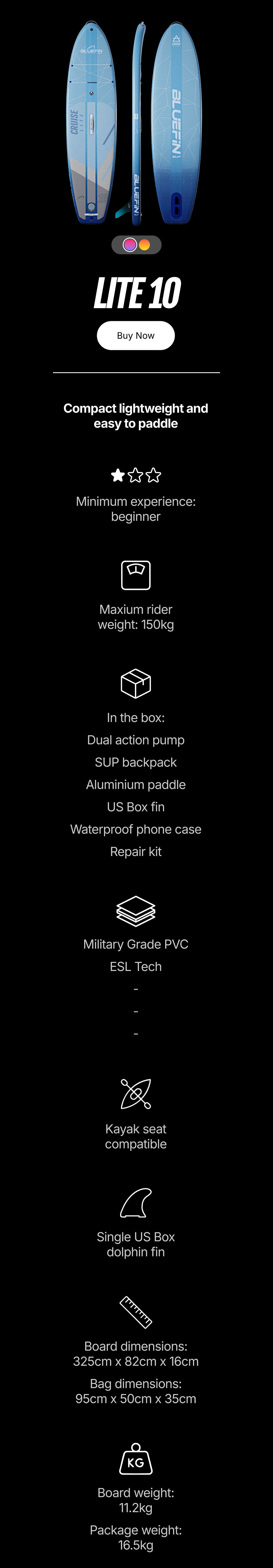 Compact Bluefin Lite 10 SUP with details on size, weight, and included accessories. Perfect for beginners.