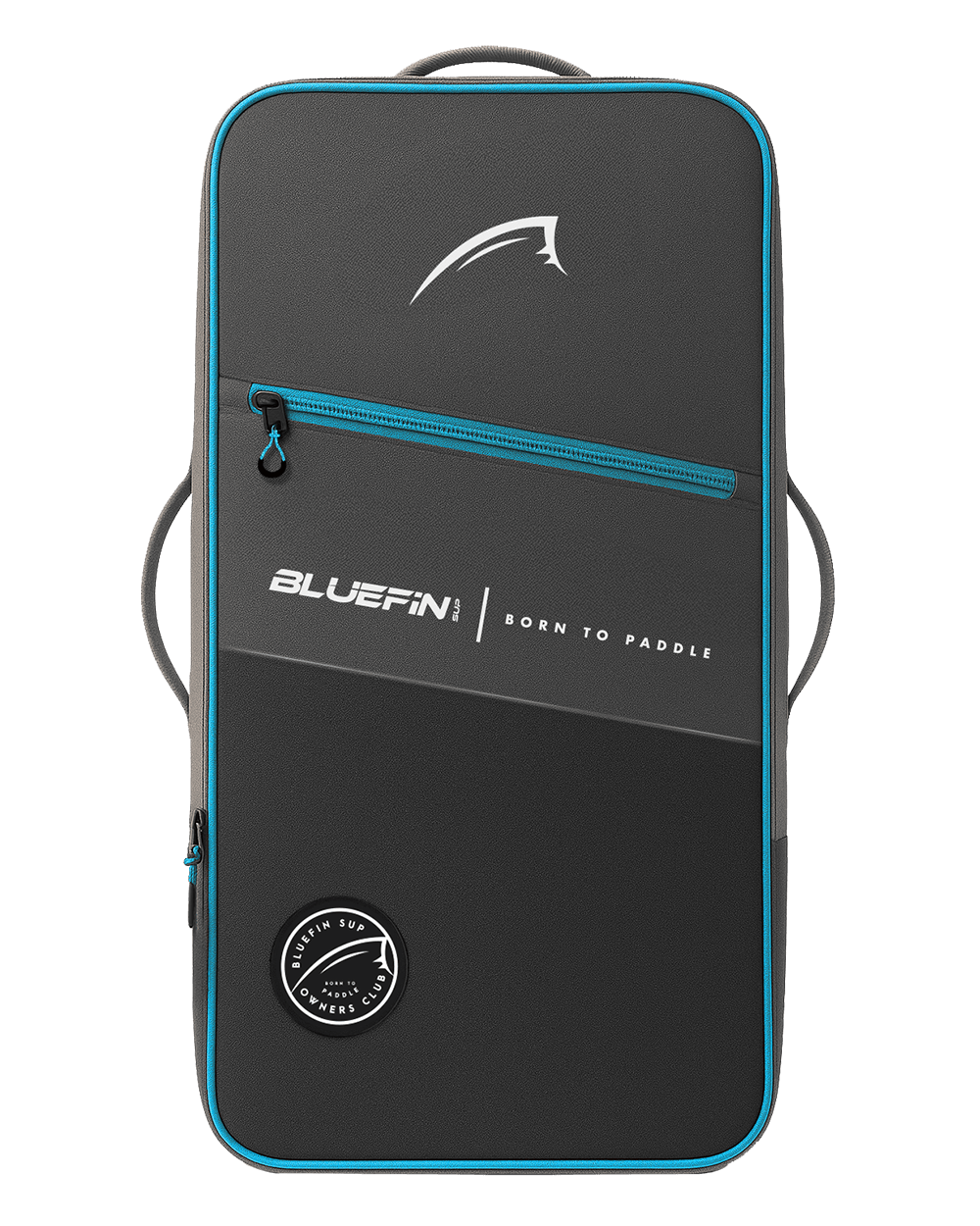 Black padded bag with blue zipper, logo, and text for carrying paddleboards.