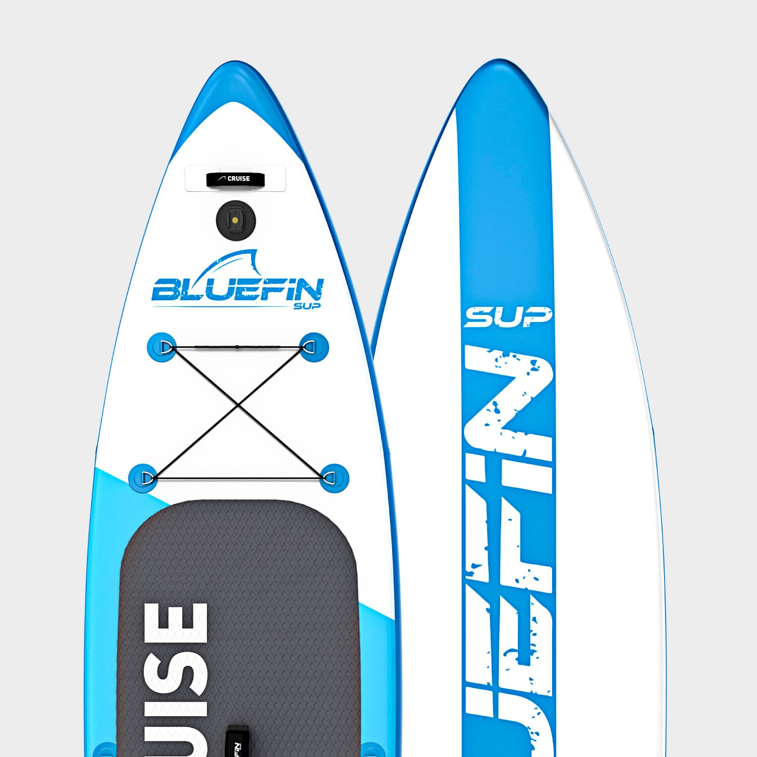 Bluefin SUP paddleboard with blue and white design, featuring a textured grip and cargo net.
