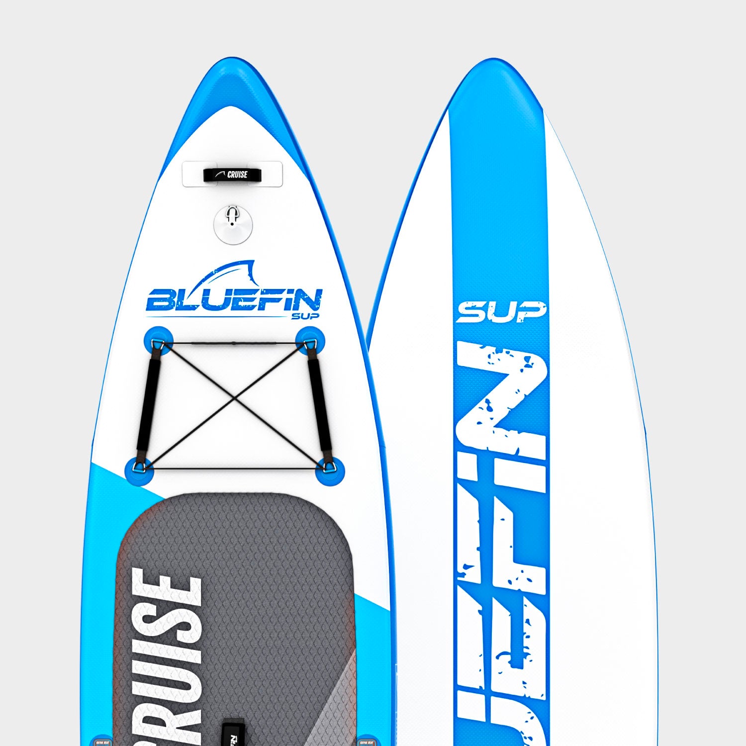 Bluefin SUP paddleboard in blue and white with textured deck and bungee storage. Ideal for cruising.