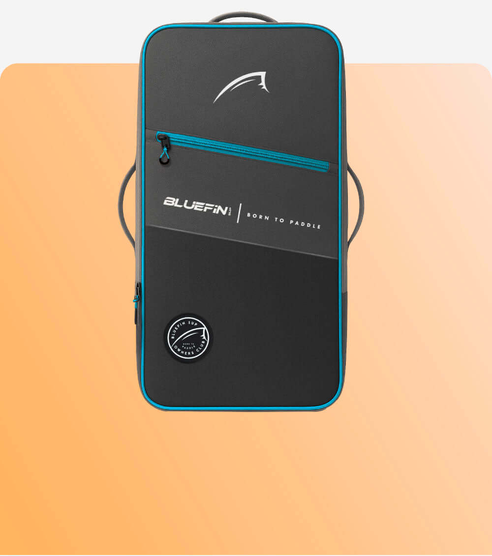 Bluefin SUP travel bag in black with blue accents, featuring "Born to Paddle" logo design.