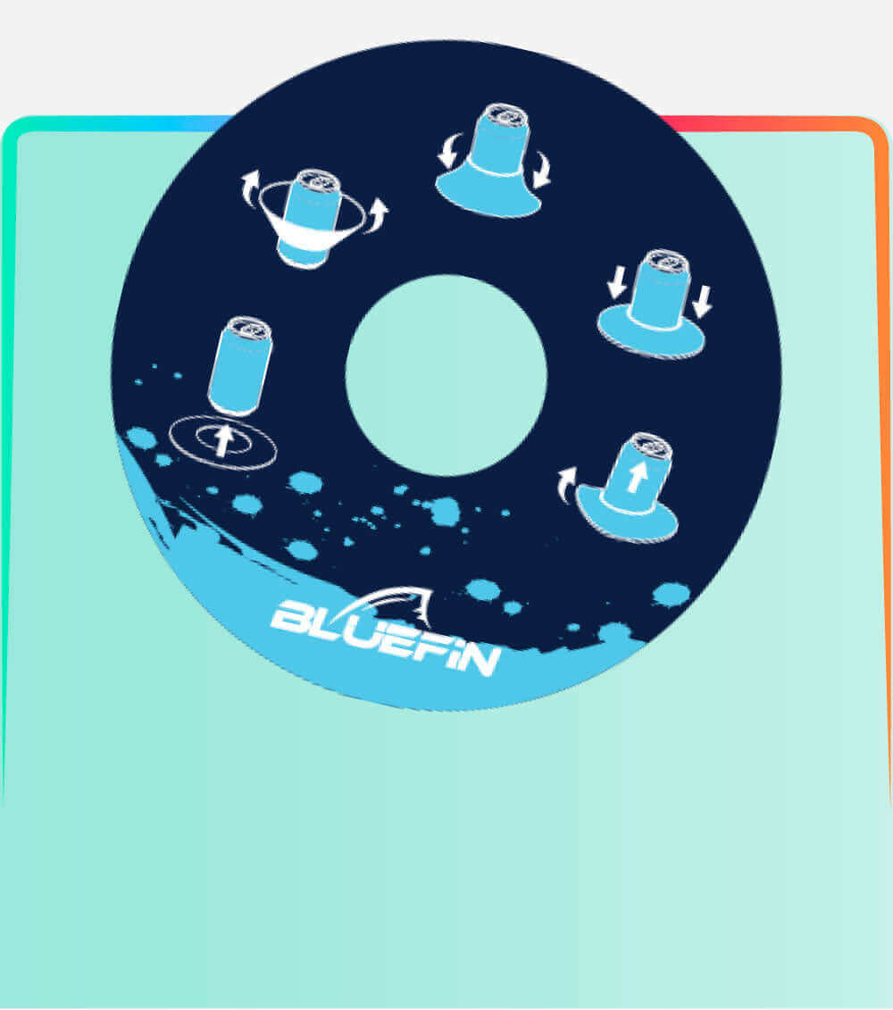 Bluefin SUP logo with instructional graphics on paddleboard operation and movements.