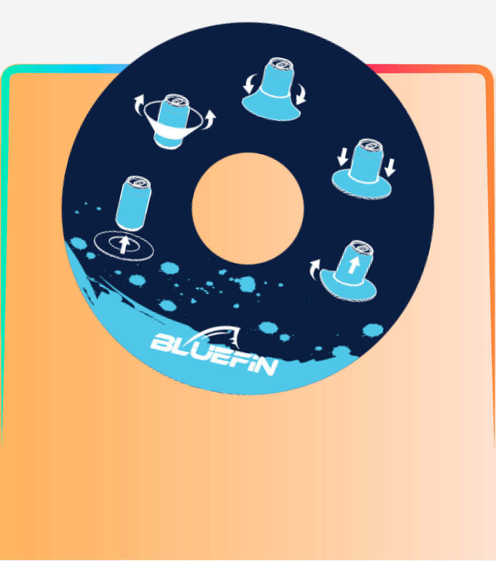 Bluefin logo with graphics illustrating various paddleboard maneuvers and movements.