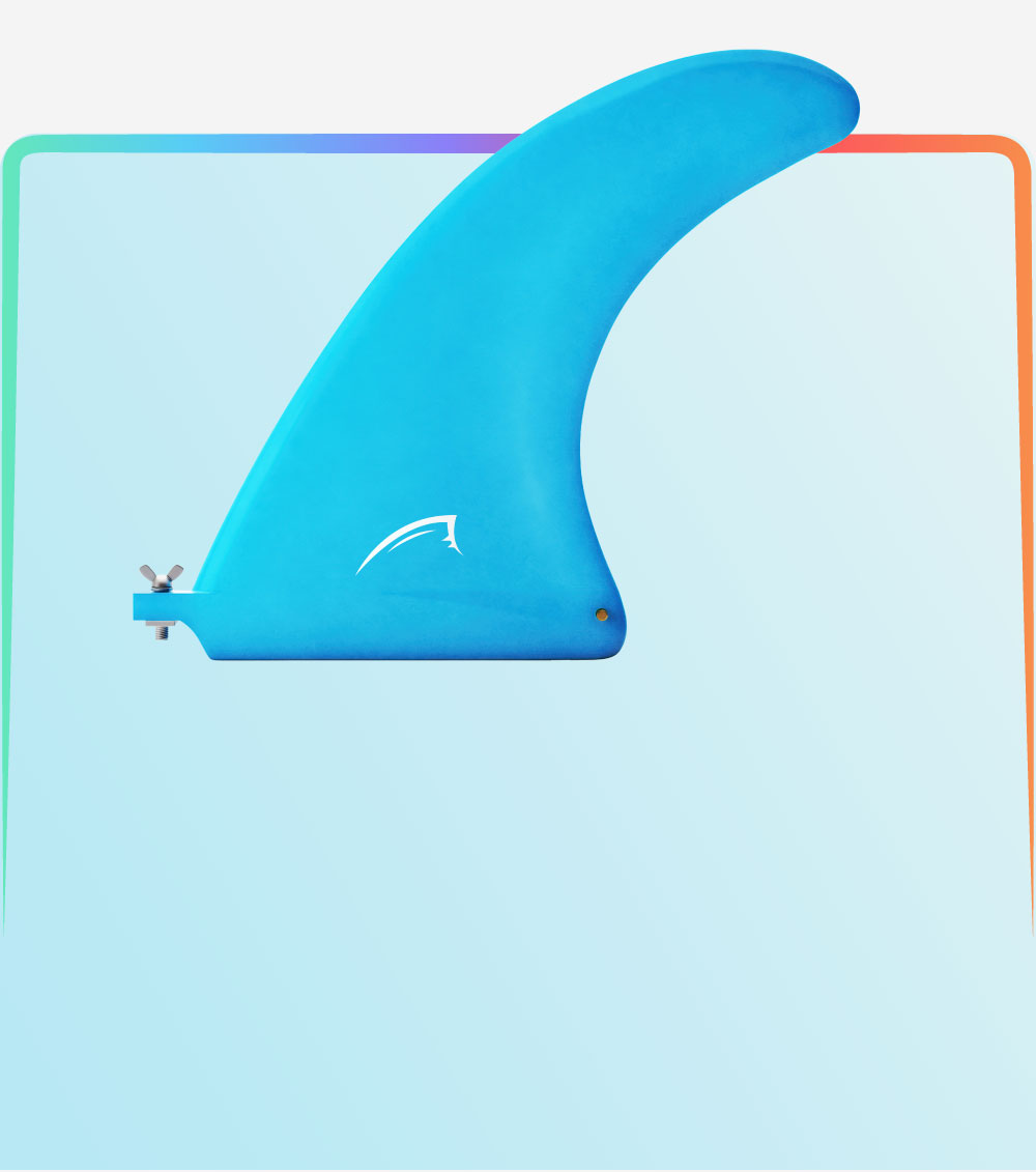 Blue SUP fin displayed against a soft gradient background, showcasing its sleek design and attachment mechanism.