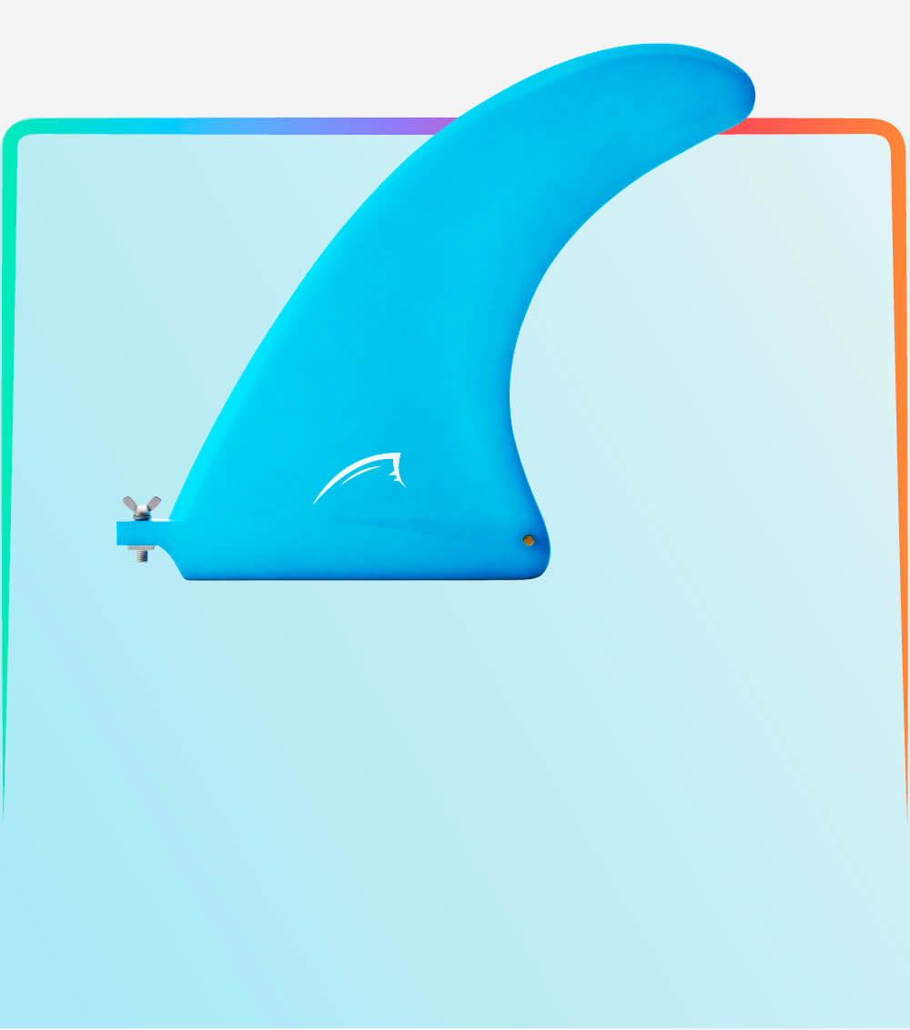 Blue SUP fin displayed against a soft gradient background, showcasing its sleek design and attachment mechanism.