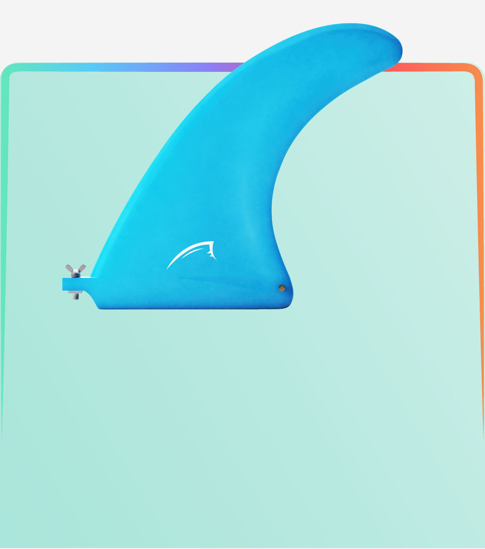 Blue fin for a stand-up paddleboard on a colorful background. Ideal for stability and performance.