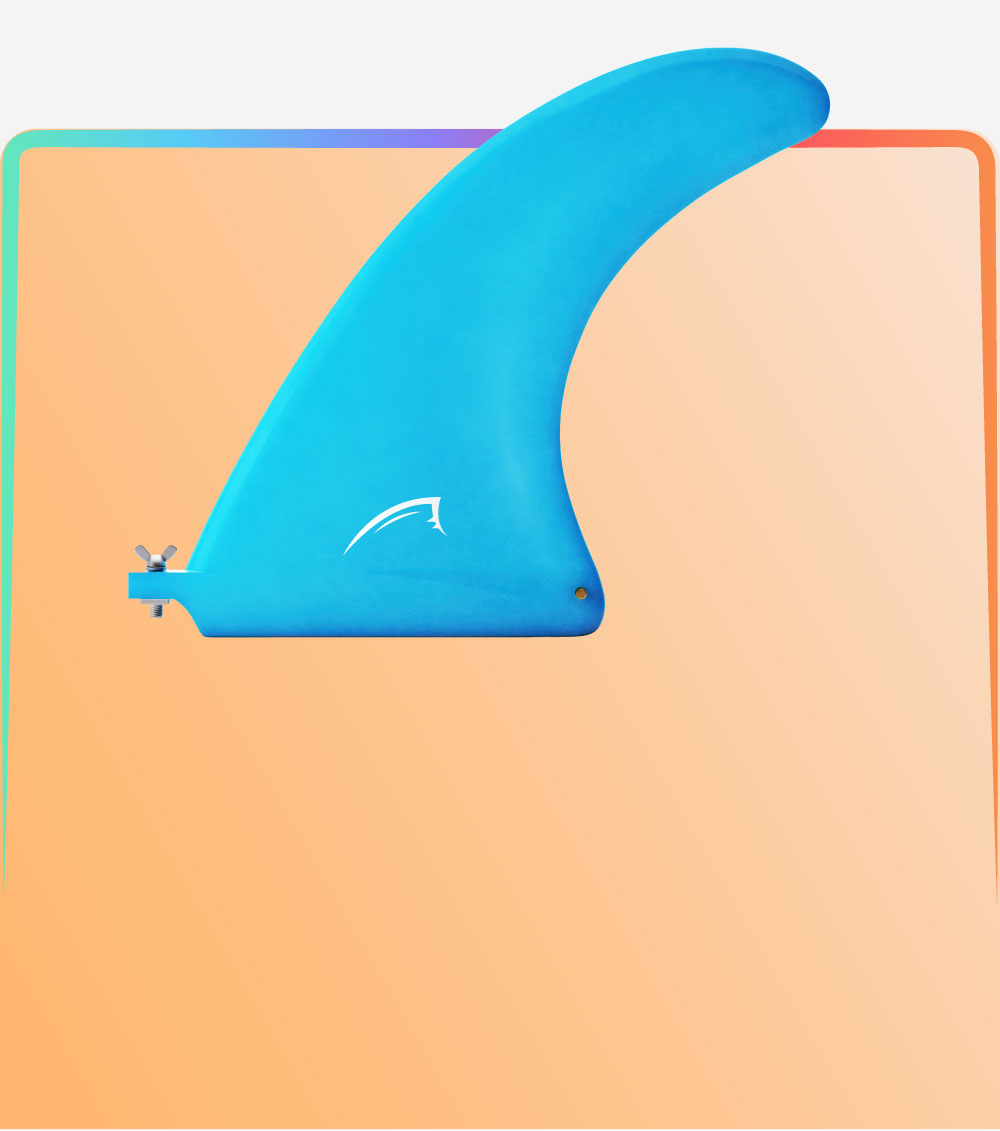 Blue fin paddle board fin against a gradient orange background, showcasing its streamlined design.