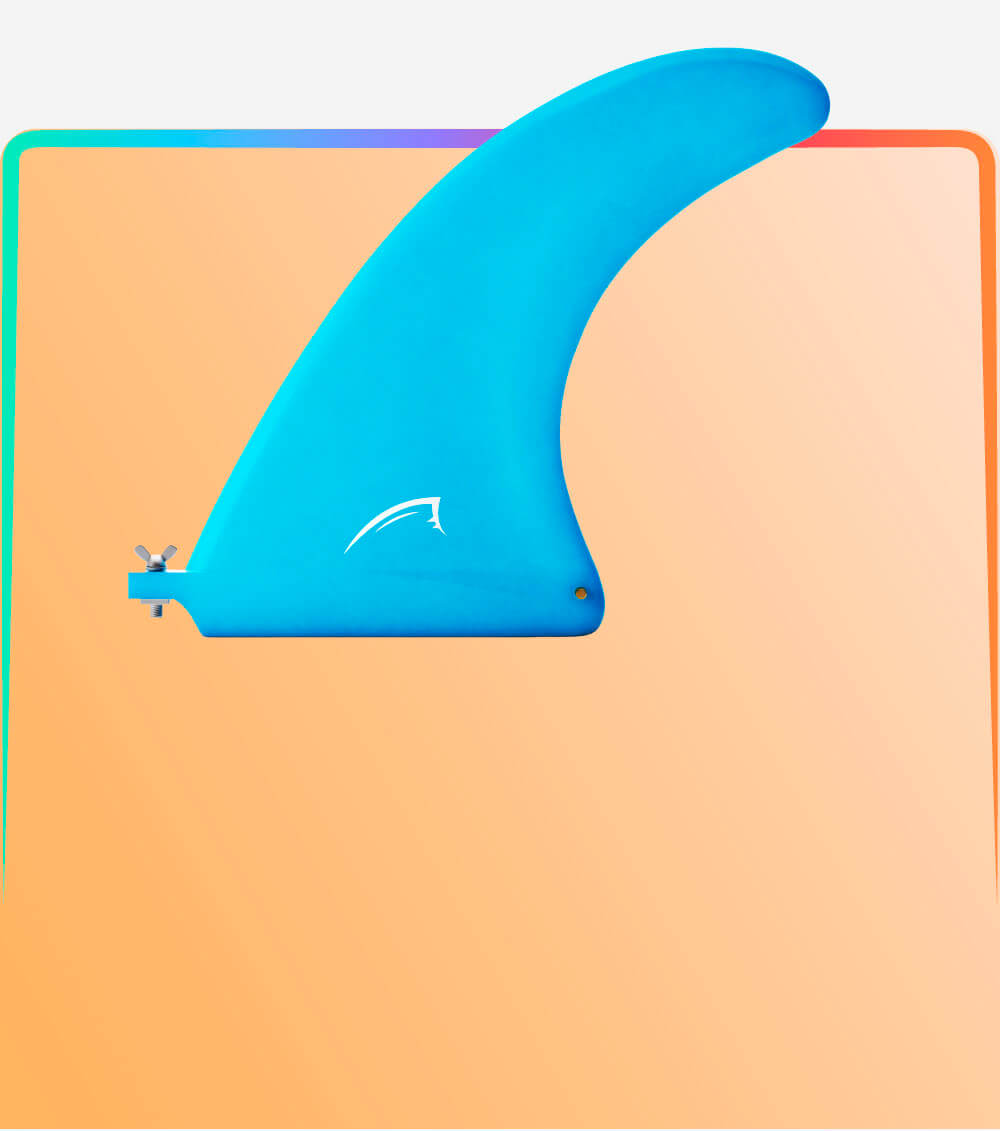 Blue fin paddle board fin against a gradient orange background, showcasing its streamlined design.