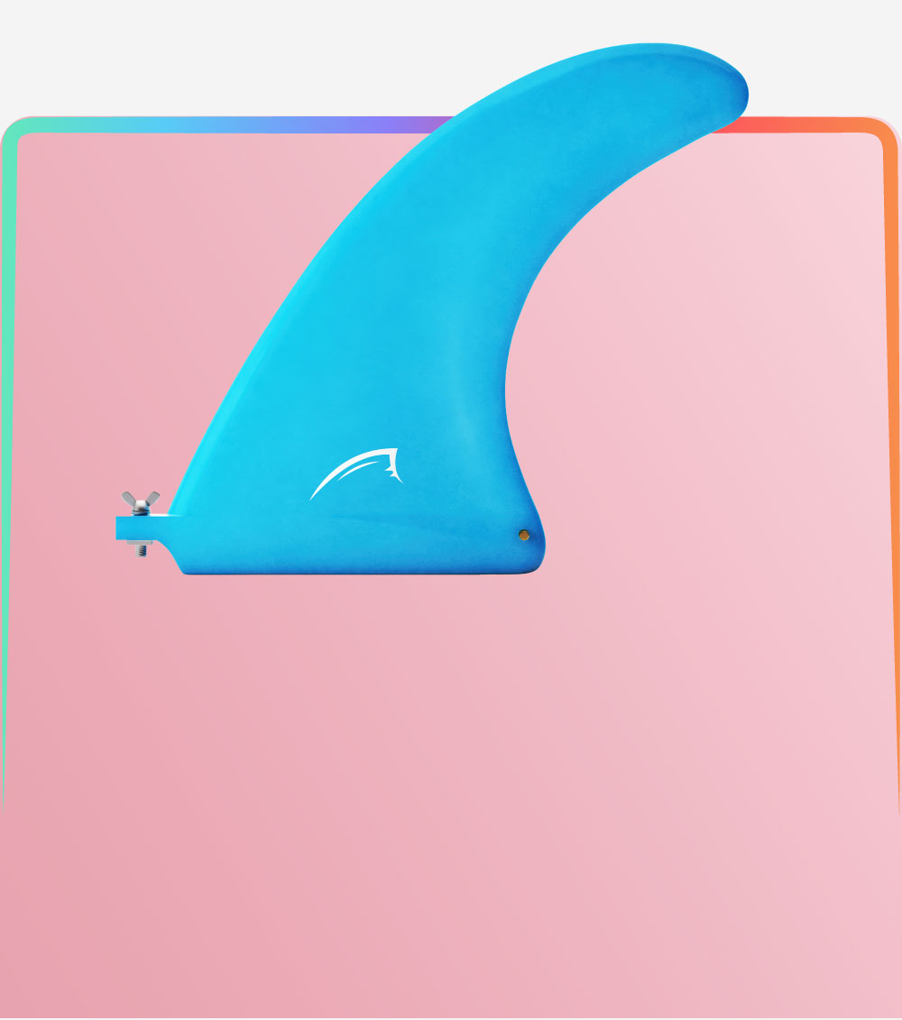 Bright blue SUP fin against a pink background, showcasing its sleek design and logo detail.