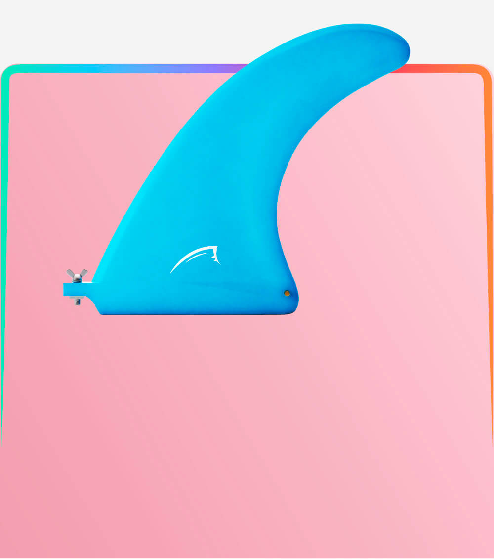 Bright blue SUP fin against a pink background, showcasing its sleek design and logo detail.